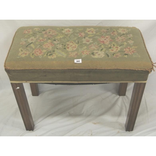44 - Georgian style mahogany dressing stool with foliate upholstery, on square chamfered legs