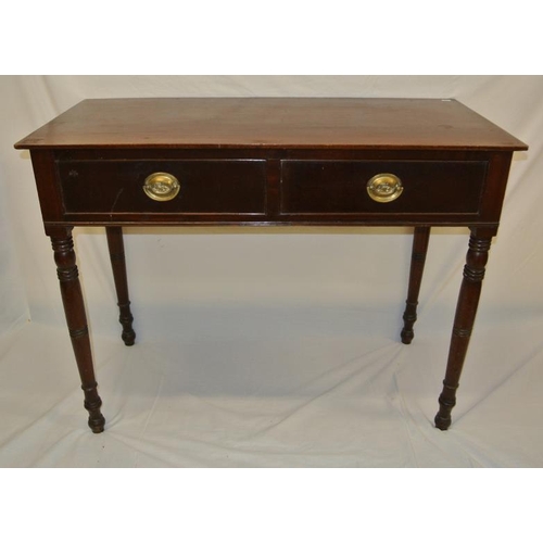46 - Edwardian mahogany hall or side table with two frieze drawers, oval brass drop handles, on turned le... 
