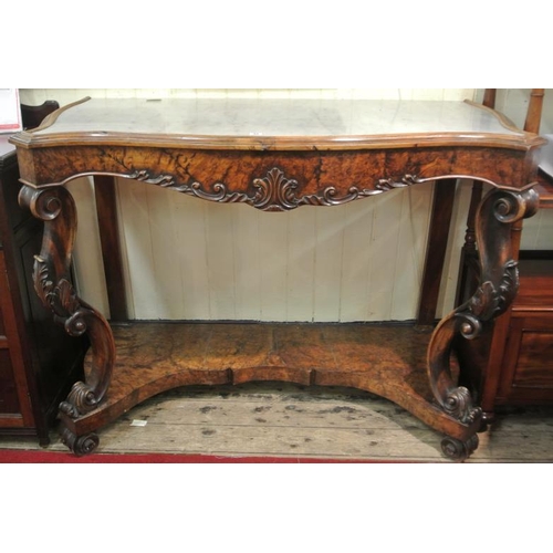 50 - Regency walnut marble topped console table with serpentine shaped front, scroll carving, shaped lowe... 