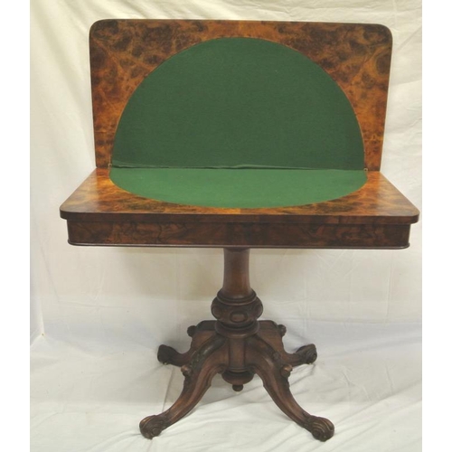 76 - Georgian burr walnut card table with swivel fold-over top, circular baize, on turned column on quadr... 