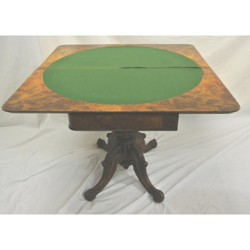 76 - Georgian burr walnut card table with swivel fold-over top, circular baize, on turned column on quadr... 