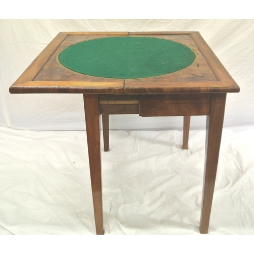 81 - French walnut card table with fold-over top, circular baize surface, raised borders, pull-out suppor... 