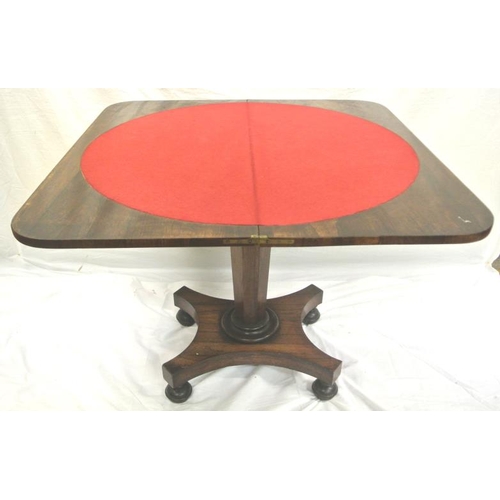 89 - Georgian rosewood card table with swivel fold-over top, circular playing surface, raised on hexagona... 