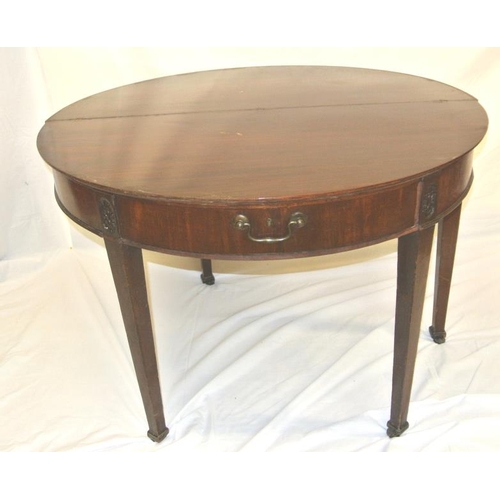 104 - Georgian style mahogany demi lune tea table with fold-over top, bowed frieze drawer, brass handle, o... 