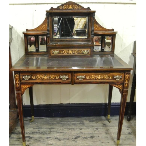 105 - Edwardian inlaid mahogany Bonheur du jour with shaped shelves, beveled mirror insets, two frieze dra... 