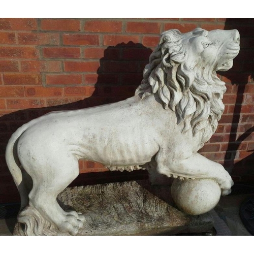 150 - Pair of large stone garden statues of the classical Medici Lions, standing with paws on balls or glo... 