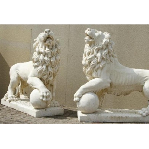 150 - Pair of large stone garden statues of the classical Medici Lions, standing with paws on balls or glo... 