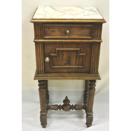 9 - Marble topped locker with frieze drawer, press, turned legs with stretchers