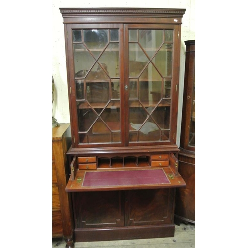 20 - Edwardian mahogany secretaire bookcase with astragal glazed doors, shelving, pull-out secretaire wit... 