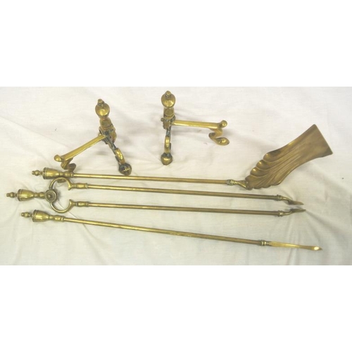 33 - Set of 5 brass fireside implements with vase shaped tops and rests