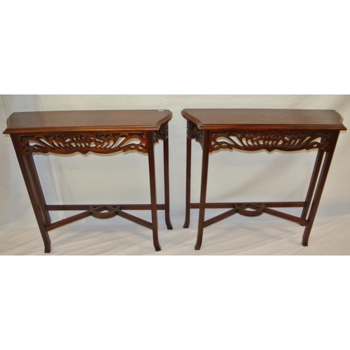 42 - Pair of Edwardian design side tables with pierced shaped friezes, shaped legs with stretchers
