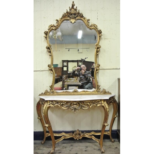 45 - French design console table and mirror with serpentine fronted marble top, ornate gilt framed mirror... 