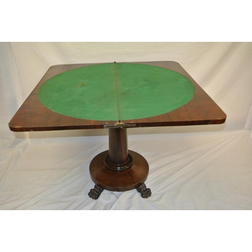 116 - William IV rosewood card table with swivel fold-over top, circular surface, on turned tapering colum... 