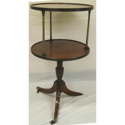 136 - Regency walnut 2 tier circular dumbwaiter with reeded borders, twist reeded brass columns, on balust... 