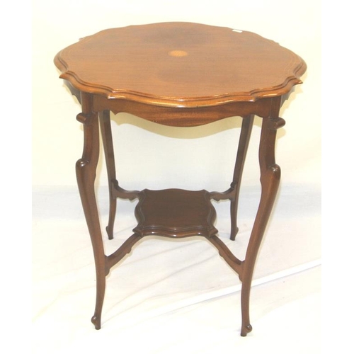 141 - Edwardian style inlaid mahogany two tier occasional table with wavy borders, on cabriole legs