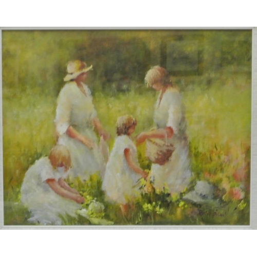 187 - Elizabeth Brophy 'Picnic day in a meadow' oil on board 38 x 49 Signed