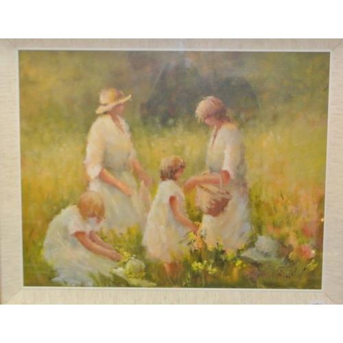 187 - Elizabeth Brophy 'Picnic day in a meadow' oil on board 38 x 49 Signed