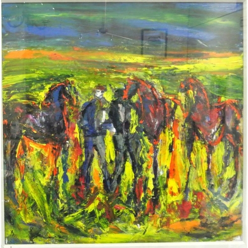 195 - Declan O'Connor 'Horses and men in a field' oil on board, 60 x 60 signed