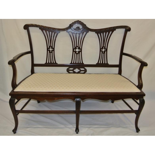 229 - Edwardian mahogany settee with pierced wheatsheaf splats, shaped arms, on cabriole legs