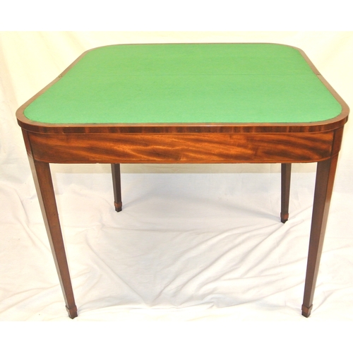 124 - Sheraton style Edwardian inlaid and crossbanded satinwood and walnut card table with rounded borders... 