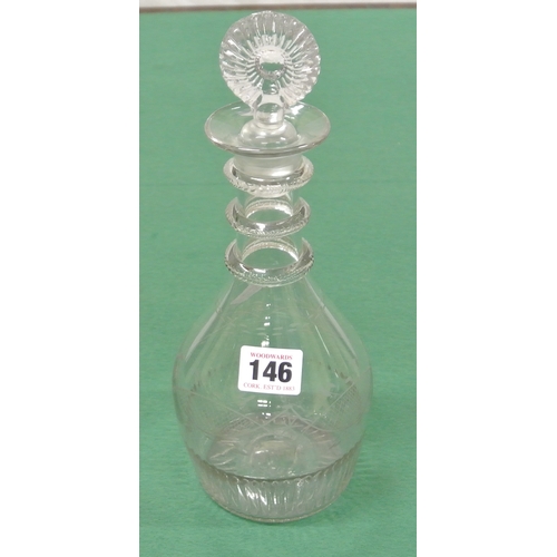 146 - Ornate baluster shaped  glass 3 ring decanter, Stamped Cork Glass Co on based