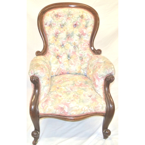 231 - Victorian mahogany open armchair with scroll arms, foliate upholstery, cabriole legs