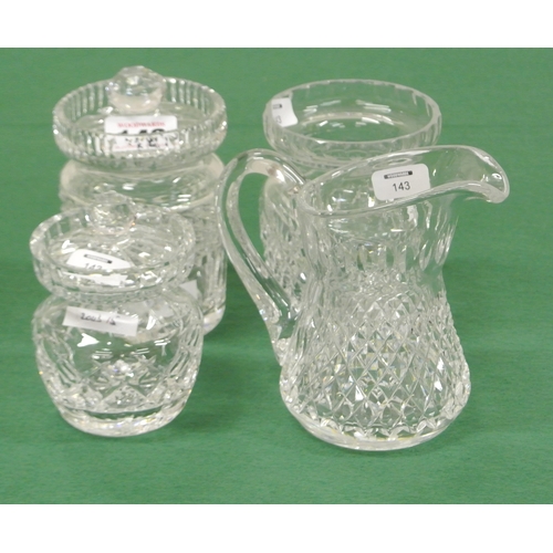 143 - 3 Waterford crystal cut glass preserve jars and a creamewer