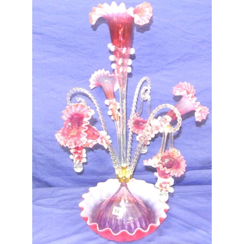67 - Ornate cranberry glass 4 branch epergne centerpiece with ruffled rims