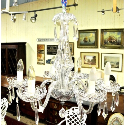 82 - Waterford crystal 6-branch chandelier with S shaped arms, and circular sconces and lustre drops