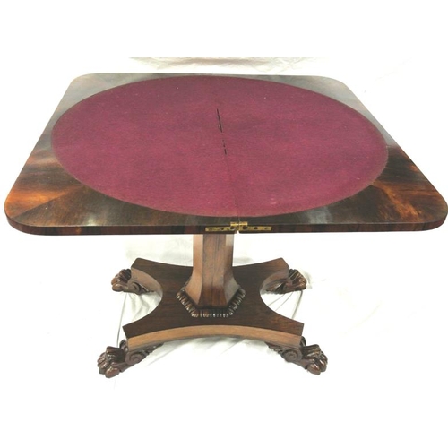 105 - Regency rosewood card table with swivel fold-over top, circular baize, on hexagonal column with reed... 