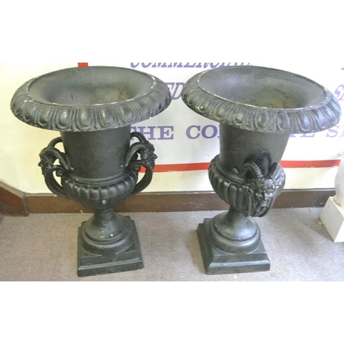 116 - Pair of large cast iron Victorian style garden vases with ribbed socles, egg & dart borders, 'Pan' f... 