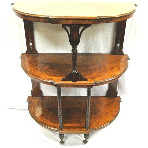 66 - Georgian inlaid burr-walnut 3-tier whatnot with shaped and turned columns, string inlay, on turned l... 