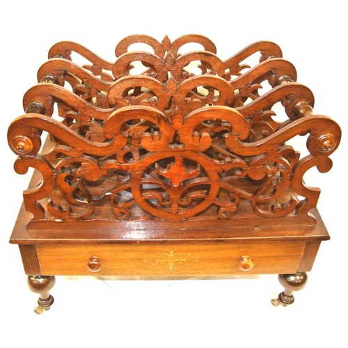 71 - Edwardian mahogany 3-section Canterbury with ornate fretwork decoration, turned rails, drawer under,... 