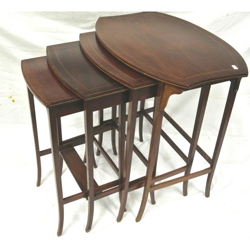 81 - Edwardian inlaid mahogany nest of 4 bowfront tables with string inlay, on square tapering legs with ... 