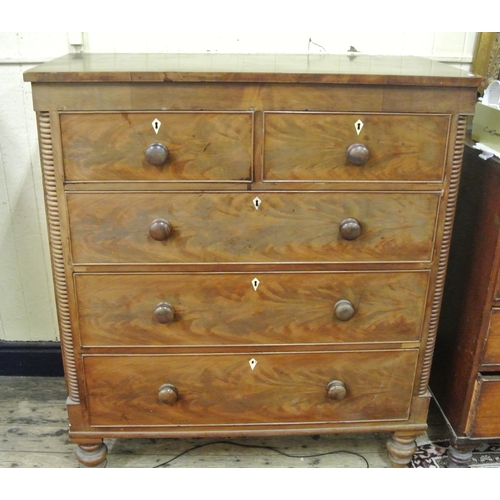 110 - Regency walnut chest of 2 short and 3 long drawers with circular handles,  on circular feet