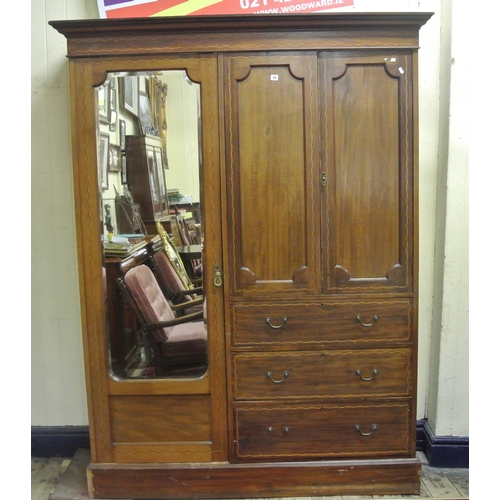 5 - Edwardian inlaid mahogany Gentlemans wardrobe fitted with hanging, shelving and drawers, brass drop ... 