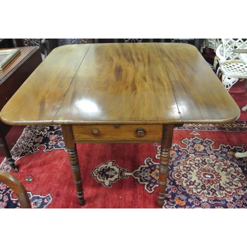 15 - Victorian mahogany drop leaf table with rounded corners, pull-out supports, frieze drawer, on ring t... 
