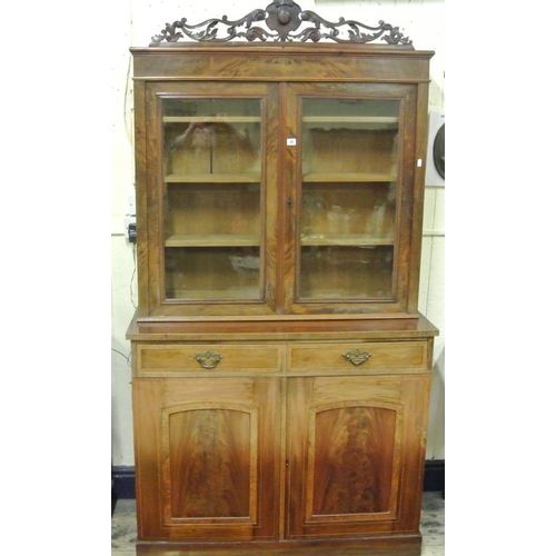 40 - Edwardian inlaid and crossbanded walnut and mahogany bookcase with carved pediment, glazed doors wit... 