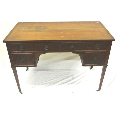36 - Edwardian mahogany side table with 4 drawers, circular brass handles, on tapering legs with casters.