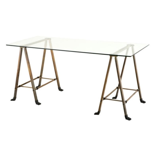 55 - Eichholte Lorentz trestle style desk with glass top, on brass A-frame supports