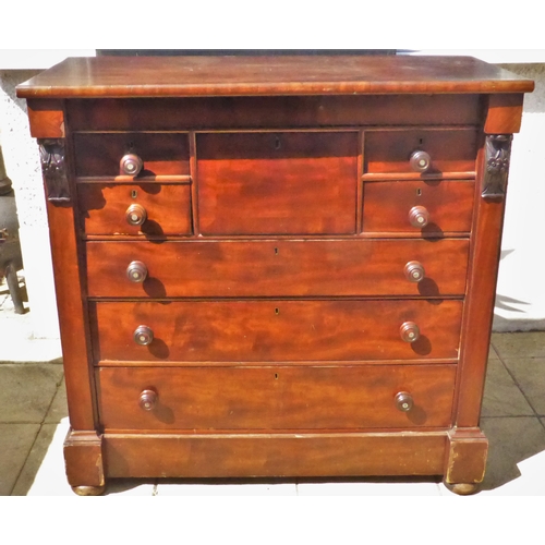 30 - Large mahogany scotch chest with frieze drawer, four small drawers, three drawers under, all with ci... 