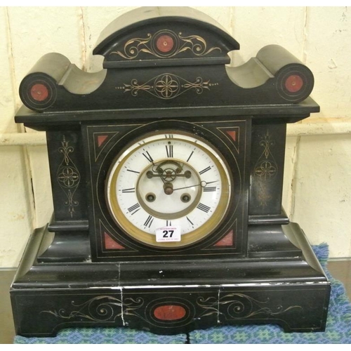 27 - Edwardian marble mantle clock with foliate decoration and brass framed dial