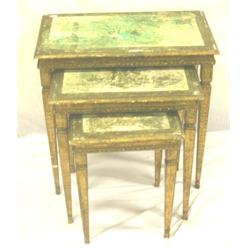 16 - French style nest of three painted tables with musical decoration and tapering legs H58X58X34