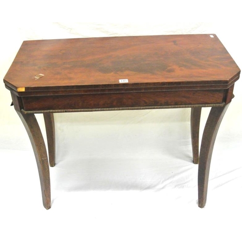 39 - Regency walnut and mahogany card table with fold-over top, gateleg support, reeded border, on taperi... 