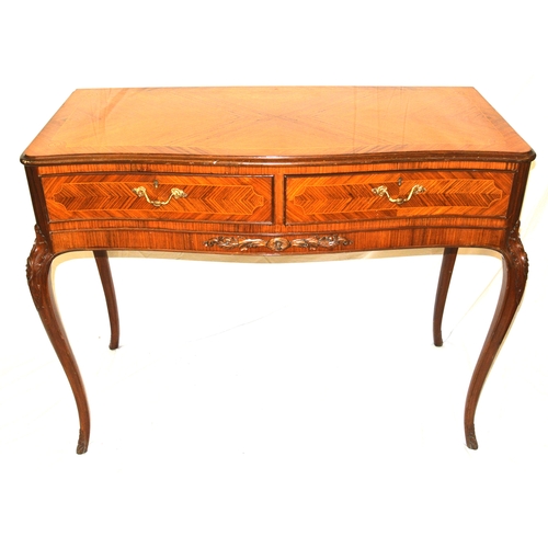 65 - Louis XV style serpentine fronted inlaid kingswood and mahogany hall table or desk with shaped friez... 