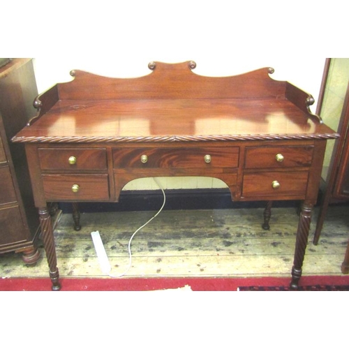 90 - Regency design mahogany serving or side table with shaped gallery, rope edge border, five drawers wi... 