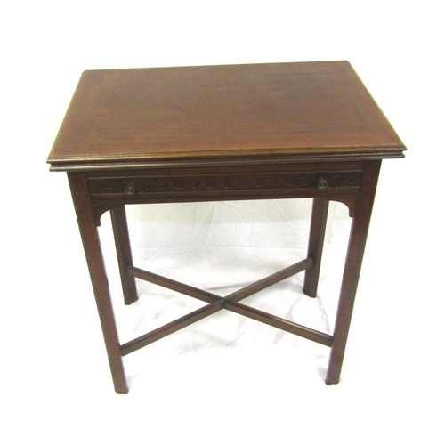 106 - Edwardian mahogany small card table with swivel fold-over top, baize surface, drawer under, with cir... 