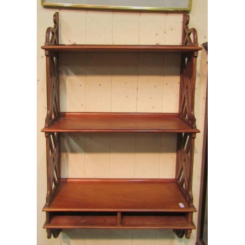 22 - Edwardian style three tier mahogany shelf unit with fretwork sides H90X52X21