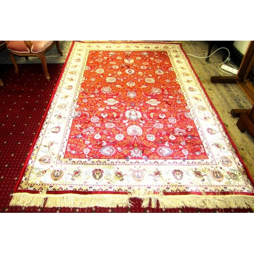 27 - Red ground Kashmir hearth rug with floral design border 245x153