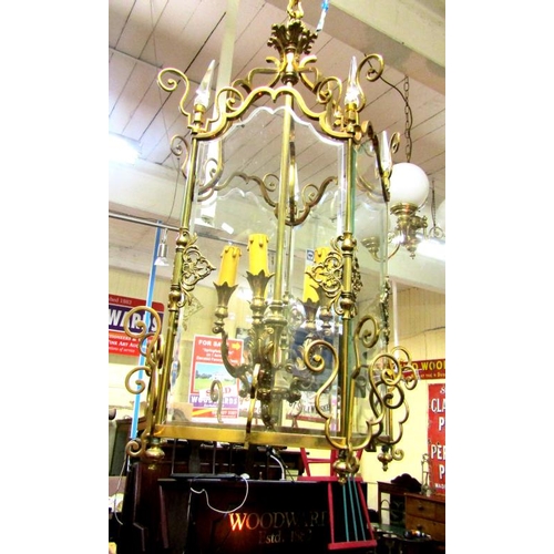 28 - Ornate Louis XV style brass framed hall  lantern with bevelled glass insets, shaped branches and scr... 